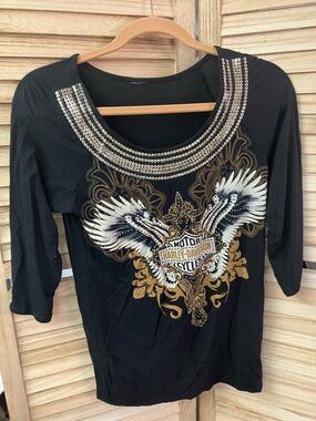 Harley-Davidson Women's Black Embellished Long Sleeve Scoop Neck Tee